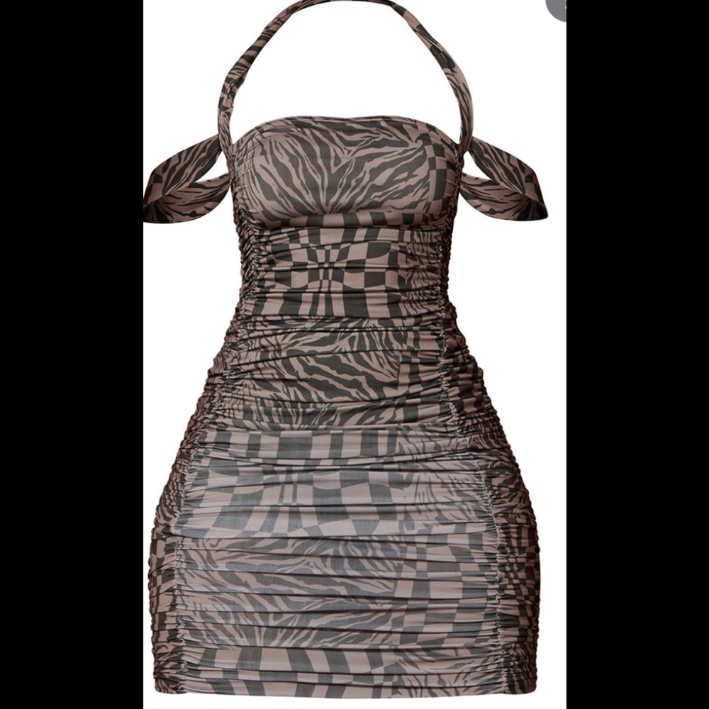 Shape Black Checkerboard Print Slinky Extreme Ruched Strap Detail Bodycon Dress